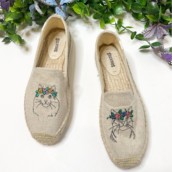 Soludos Espadrilles Cat Embroidered Beige Sandals Size 9.5 - Picture 3 of 10